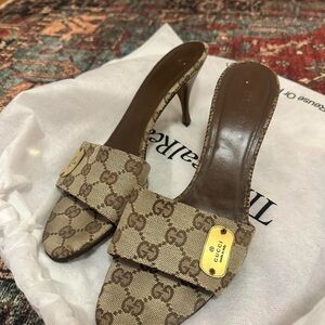 Gucci Brown GG Canvas Open-Toe Mule Heels
